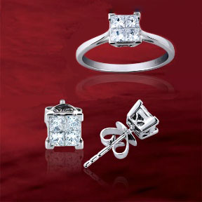 Invisible setting princess cut diamond earrings and ring